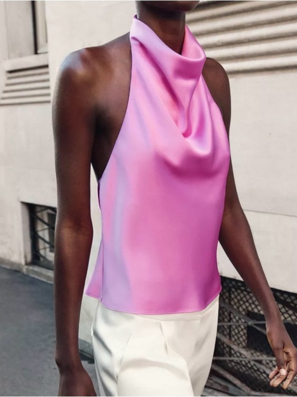 Zara Pink Satin Halter Cowl Neck Top